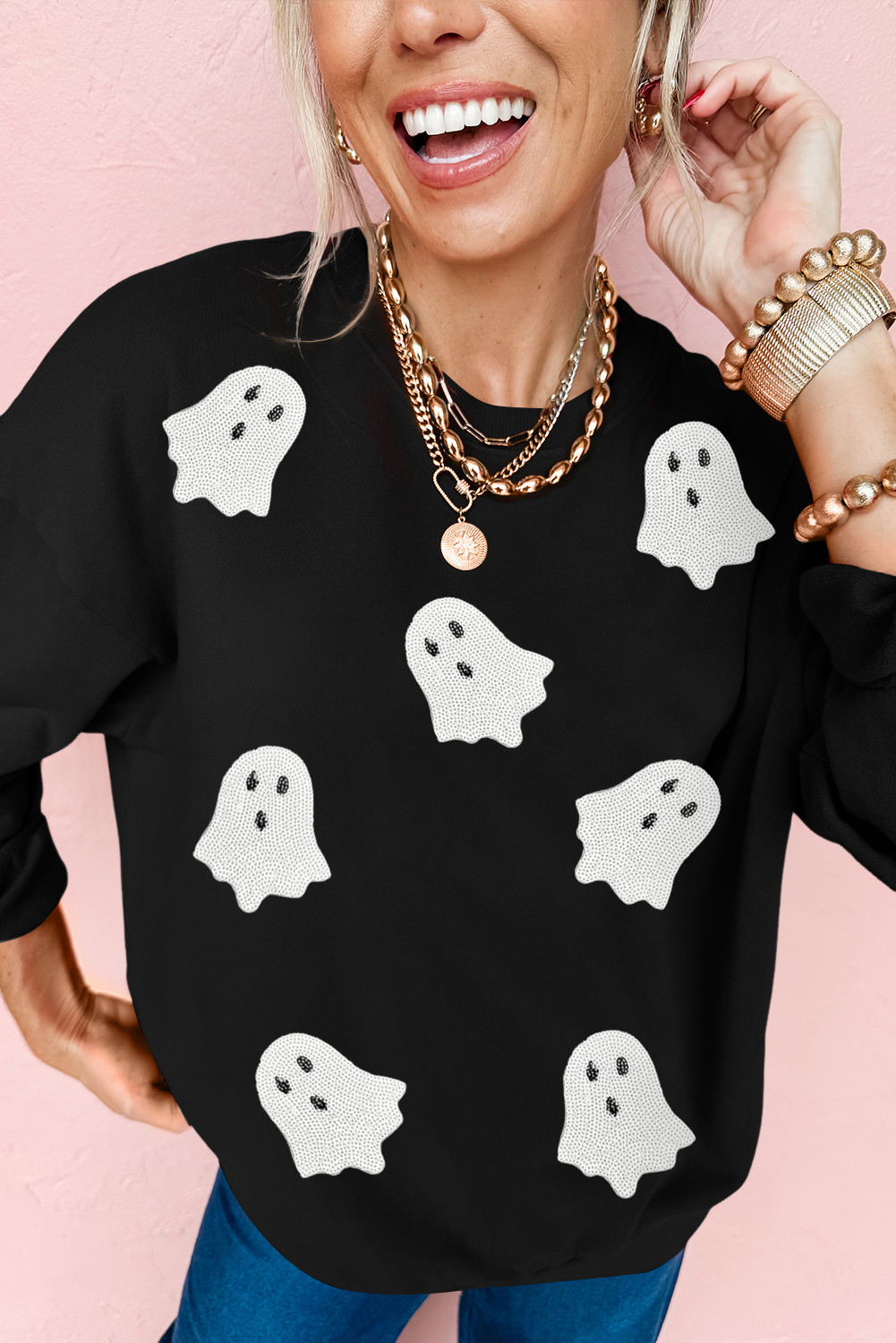 Black Halloween Ghost Sequins Patch Drop Shoulder Sweatshirt