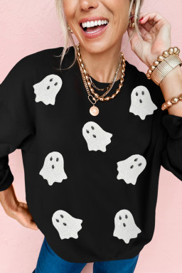 Black Halloween Ghost Sequins Patch Drop Shoulder Sweatshirt