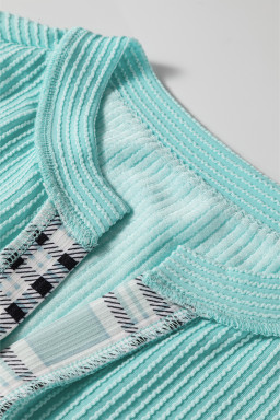 Aruba Blue Corded Texture Plaid Patchwork Split Neck Long Sleeve Top