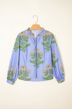 Sky Blue Floral Print V Neck Bubble Sleeve Blouse