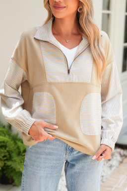 Smoke Gray Striped Patchwork Zip Collar Long Sleeve Top