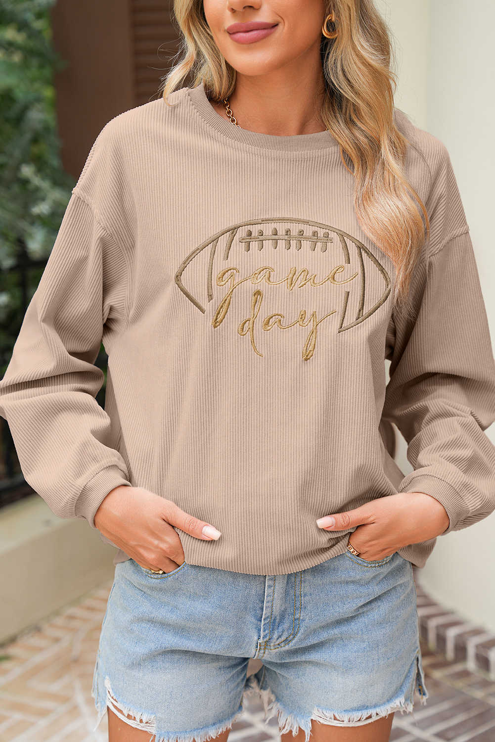 Apricot Football Embroidered Graphic Game Day Corded Sweatshirt