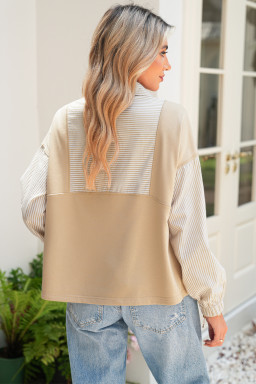 Smoke Gray Striped Patchwork Zip Collar Long Sleeve Top