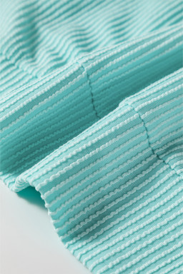 Aruba Blue Corded Texture Plaid Patchwork Split Neck Long Sleeve Top