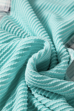 Aruba Blue Corded Texture Plaid Patchwork Split Neck Long Sleeve Top