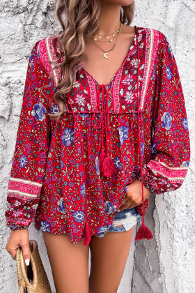 Red Bohemian Floral Print Tassel Tie Front Long Sleeve Blouse