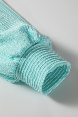 Aruba Blue Corded Texture Plaid Patchwork Split Neck Long Sleeve Top