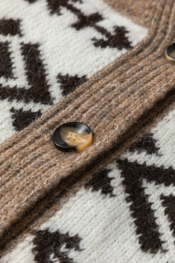 Dark Khaki Ethnic Geometric Pattern Button Front V Neck Cardigan