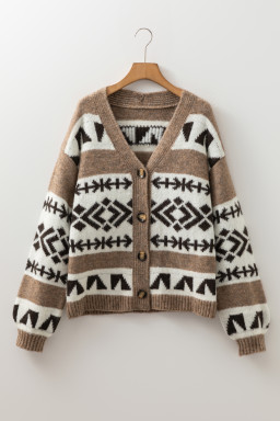 Dark Khaki Ethnic Geometric Pattern Button Front V Neck Cardigan