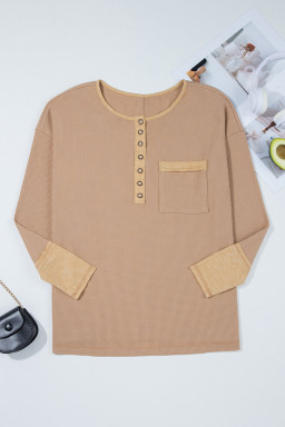 Dark Khaki Waffle Textured Patchwork Tunic Henley Top