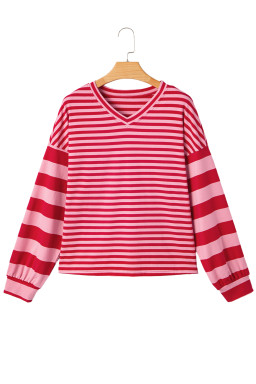 Strawberry Pink Striped V Neck Drop Sleeve Top