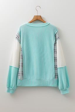 Aruba Blue Corded Texture Plaid Patchwork Split Neck Long Sleeve Top