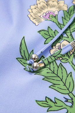 Sky Blue Floral Print V Neck Bubble Sleeve Blouse