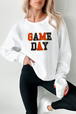 White Chenille GAME DAY Letter Terry Flocking Round Neck Sweatshirt