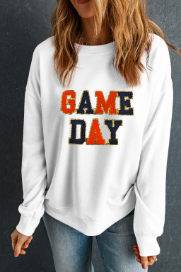 White Chenille GAME DAY Letter Terry Flocking Round Neck Sweatshirt