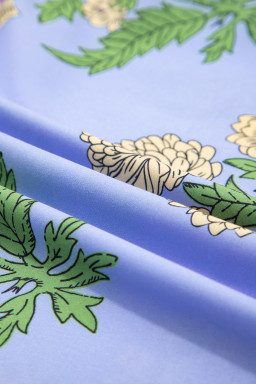 Sky Blue Floral Print V Neck Bubble Sleeve Blouse