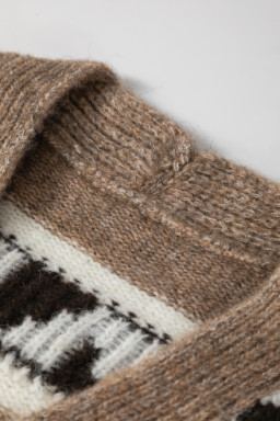 Dark Khaki Ethnic Geometric Pattern Button Front V Neck Cardigan