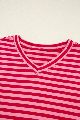 Strawberry Pink Striped V Neck Drop Sleeve Top