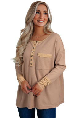 Dark Khaki Waffle Textured Patchwork Tunic Henley Top