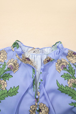 Sky Blue Floral Print V Neck Bubble Sleeve Blouse