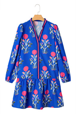 Sky Blue Floral Print Pop of Color V Neck Mini Dress