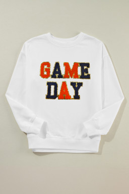 White Chenille GAME DAY Letter Terry Flocking Round Neck Sweatshirt