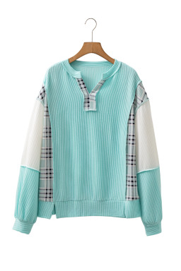 Aruba Blue Corded Texture Plaid Patchwork Split Neck Long Sleeve Top