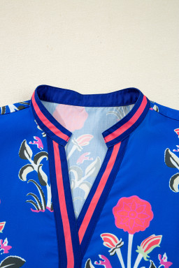 Sky Blue Floral Print Pop of Color V Neck Mini Dress
