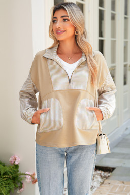 Smoke Gray Striped Patchwork Zip Collar Long Sleeve Top