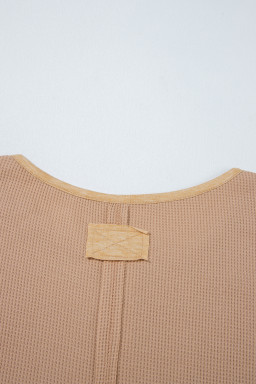 Dark Khaki Waffle Textured Patchwork Tunic Henley Top