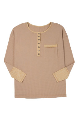 Dark Khaki Waffle Textured Patchwork Tunic Henley Top