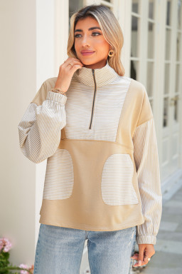 Smoke Gray Striped Patchwork Zip Collar Long Sleeve Top