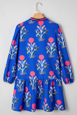 Sky Blue Floral Print Pop of Color V Neck Mini Dress