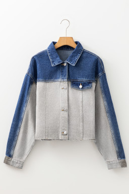 Dusk Blue Patchwork Flap Detail Distress Denim Jacket