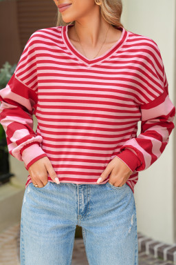 Strawberry Pink Striped V Neck Drop Sleeve Top