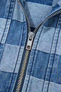 Sky Blue Checkerboard Zipped Collar Kangaroo Pocket Denim Hoodie