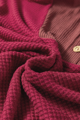 Racing Red Waffle Patchwork Drop Shoulder Hooded Long Sleeve Top