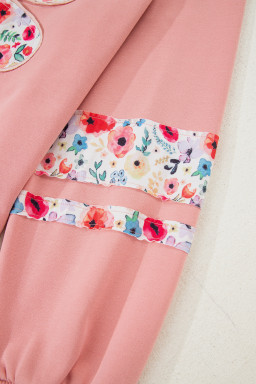 Peach Blossom Flower Applique Patchwork Drop Sleeve Pullover Sweatshirt