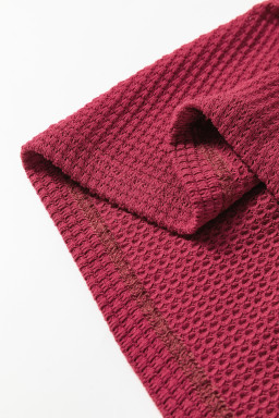 Racing Red Waffle Patchwork Drop Shoulder Hooded Long Sleeve Top