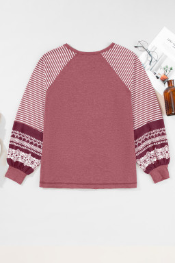 Mineral Red Contrast Print Striped Raglan Long Sleeve Loose Top