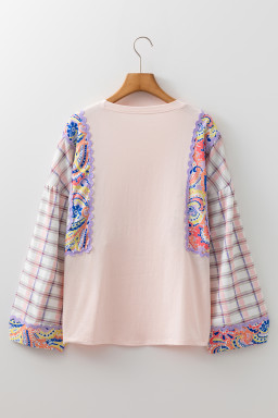 Delicacy Ricrac Trim Floral Plaid Patchwork Puff Sleeve Top