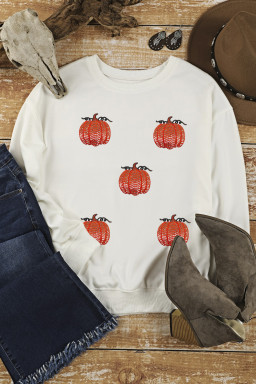 White Sequin Pumpkin Patched Drop Shoulder Sweatshirt