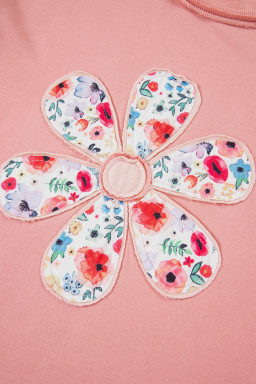 Peach Blossom Flower Applique Patchwork Drop Sleeve Pullover Sweatshirt