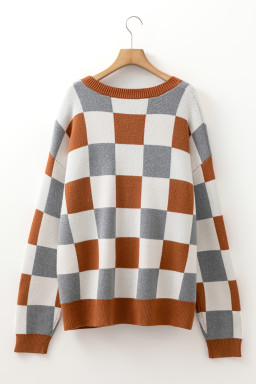 Brown Colorblock Checkered Drop Sleeve Plus Size Sweater