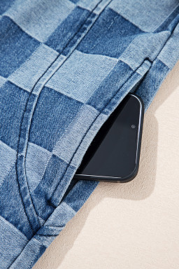 Sky Blue Checkerboard Zipped Collar Kangaroo Pocket Denim Hoodie