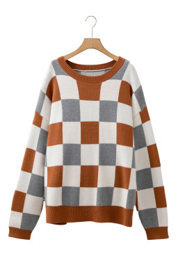 Brown Colorblock Checkered Drop Sleeve Plus Size Sweater