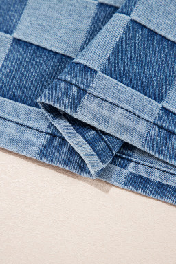 Sky Blue Checkerboard Zipped Collar Kangaroo Pocket Denim Hoodie