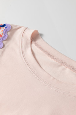 Delicacy Ricrac Trim Floral Plaid Patchwork Puff Sleeve Top