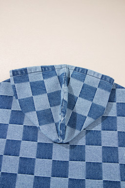 Sky Blue Checkerboard Zipped Collar Kangaroo Pocket Denim Hoodie