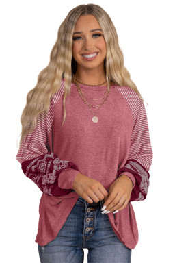 Mineral Red Contrast Print Striped Raglan Long Sleeve Loose Top
